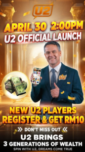U2 promotion page banner showing RM10 instant bonus for new players who register during the limited-time offer